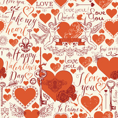 Poster - Vector seamless pattern with red hearts, keys, angels and inscriptions on the theme of a Valentines day. Abstract background in retro style with the words I love you in different languages.