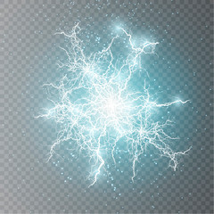Poster -  Lightning flash light thunder sparks on a transparent background. Fire and ice fractal lightning, plasma power background vector illustration