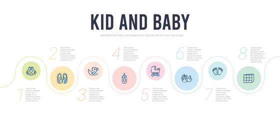 Wall Mural - kid and baby concept infographic design template. included cubes, footprints, stork, baby carriage, feeding bottle, rubber duck icons