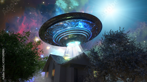 Cuadros en Lienzo ufo flying saucer over the house, 3D render