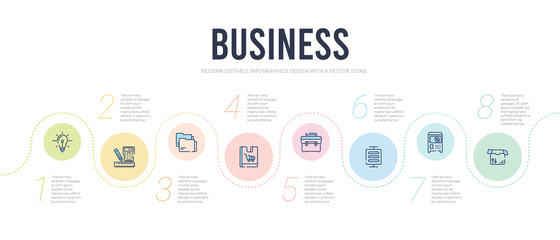 business concept infographic design template. included empty box, big safe, basic burger, briefcase, supermarket bag, two folders icons