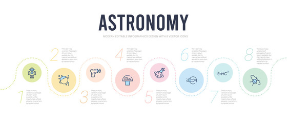 astronomy concept infographic design template. included quasar, relativity, simulator, space collision, space colony, space gun icons