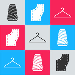 Sticker - Set Sewing thread on spool, Sewing Pattern and Hanger wardrobe icon. Vector