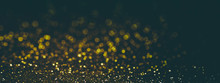 Black With Gold Glittering Background, Banner. Sparkle Glitter Texture With The Bokeh And The Lights, Shiny Metal Gold Foil