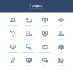 Poster - set of 16 vector stroke icons such as work station, device, industrial, tv remote, chips, notebook a