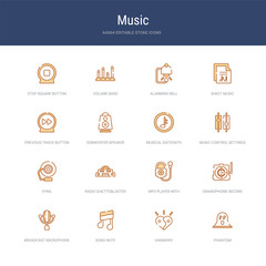 Poster - set of 16 vector stroke icons such as phantom, harmony, song note, broadcast microphone, gramophone 