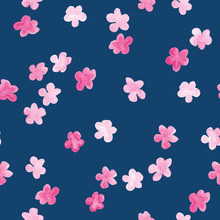 Little Pink Flowers Watercolor - Hand Drawn Seamless Pattern On Navy Blue Background