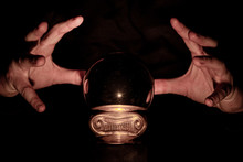 Hands Over Crystal Ball In Dark Room, Crystal Ball Gazing, Crystal Ball Psychic, Crystal Ball Fortune Telling, Crystal Ball Scrying, Crystal Ball Object Of Power, Seance With Crystal Ball 8