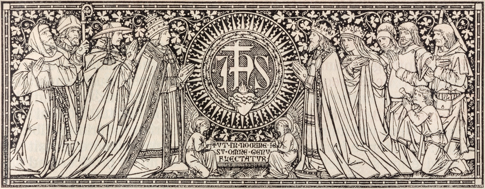 BRATISLAVA, SLOVAKIA, NOVEMBER - 21, 2016: The lithography of JHS (name of Jesus) initials in Missale Romanum by unknown artist with initials F.M.S from end of 19. cent. by Typis Friderici Pustet. - obrazy, fototapety, plakaty 