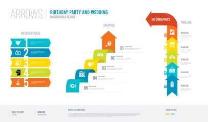  arrows style infogaphics design from birthday party and wedding concept. infographic vector illustration