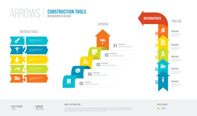  arrows style infogaphics design from construction tools concept. infographic vector illustration