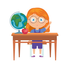 Wall Mural - student girl sitting in school desk on white background