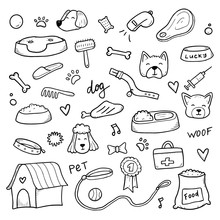 Hand Drawn Set Of Dog And Pet Accessories Elements: Bone, Food, Leash. For The Design Of Dog Themes: Training, Caring, Grooming A Dog. Doodle Sketch Style Vector Illustration.