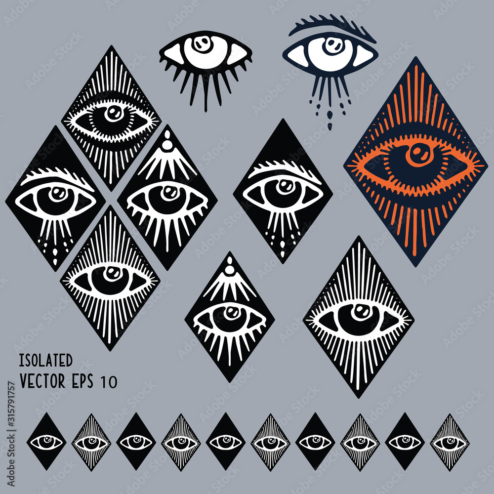 Dark hand drawn magic third eye clipart motif set. Spiritual magical human eyes vector icons. Esoteric symbol of protection line art collection  - obrazy, fototapety, plakaty 