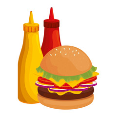 Canvas Print - delicious burger with bottles sauces fast food icon