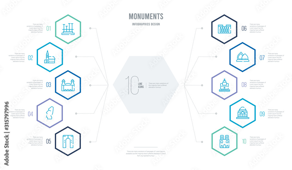 monuments concept business infographic design with 10 hexagon options ...