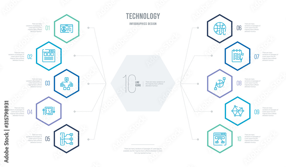 technology concept business infographic design with 10 hexagon options. outline icons such as sitemaps, social graph, structural elements, text editor, internet traffic, uptime and downtime - obrazy, fototapety, plakaty 
