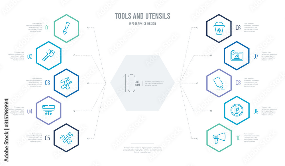 tools and utensils concept business infographic design with 10 hexagon ...