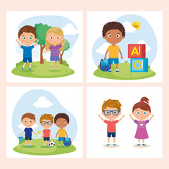 Sticker - set of card with children students with school supplies , back to school