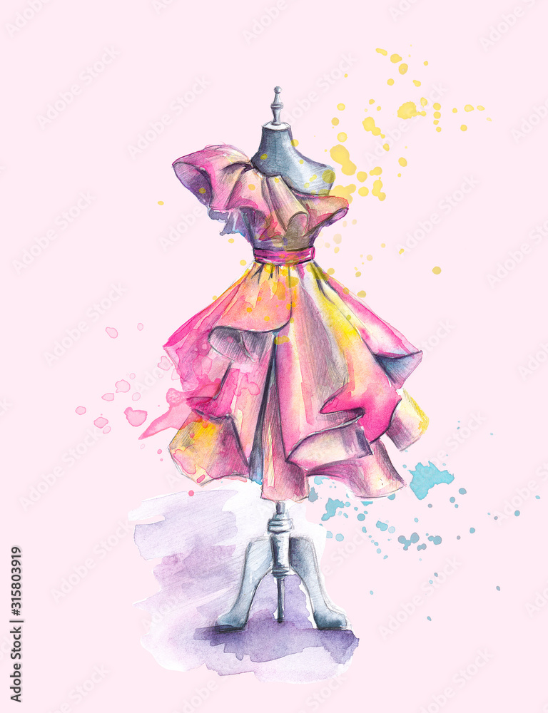 Beautiful Dress with Folds on Mannequin. Hand Painted Watercolor Fashion Illustration. Sweet Sketch. Dummy, Beauty, Style and Sewing Concept. Women's Day Card Stock Illustration | Adobe Stock Beautiful Dress with Folds on Mannequin. Hand Painted Watercolor Fashion Illustration. Sweet Sketch. Dummy, Beauty, Style and Sewing Concept. Women's Day Card Stock Illustration | Adobe Stock