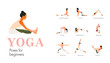A set of yoga postures female figures for beginners. Woman figures exercise in printed sportswear. Vector Illustration, flat style.