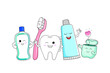 © wowow - Cute cartoon tooth character with mouthwash, toothbrush, toothpaste and dental floss. Dental care concept. Vector illustration isolated on white background.