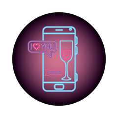 Wall Mural - smartphone with speech bubble in neon light, valentines day vector illustration design