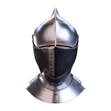 Classic Medieval Knight Armet Helmet With Visor. Front View. Used For Tournaments Or Battlefields. 3D Render Illustration Isolated On White Background.