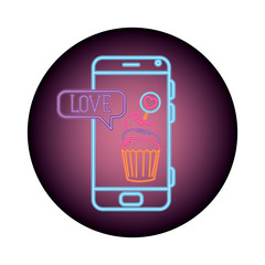 Wall Mural - smartphone with speech bubble in neon light, valentines day vector illustration design