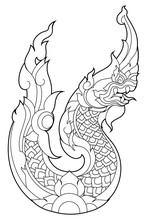 Hand Drawn Line Art Serpent Or Naga In Buddha Religion Legend Vintage Style On White Background
