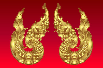 Wall Mural - Golden twin Serpent or Naga in buddha religion legend vintage style on red background