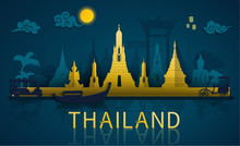 Thailand Travel Illustrator: Famous Landmarks And Tourist Attraction Of Thailand With Paper Cut Style