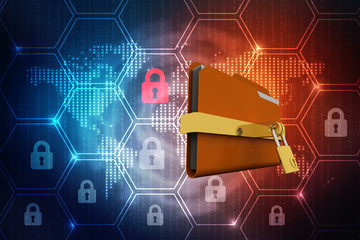 Poster - Yellow folder and lock. Data security concept. 3D rendering