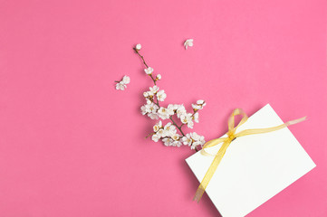 White gift bag with gold ribbon and branch of spring white flowers on bright pink background. Greeting card with delicate flowers Pink floral background. Spring minimal concept. Flat lay top view