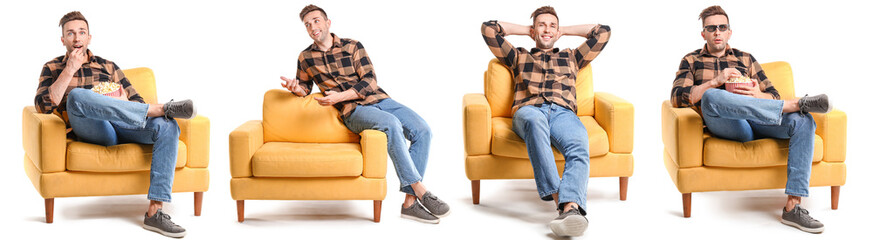 Handsome man watching movie while sitting in armchair on white background