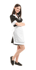 Poster - Portrait of beautiful chambermaid on white background