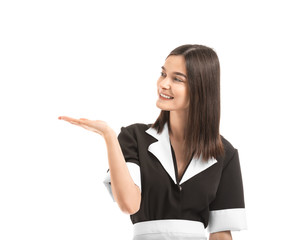 Poster - Portrait of beautiful chambermaid on white background