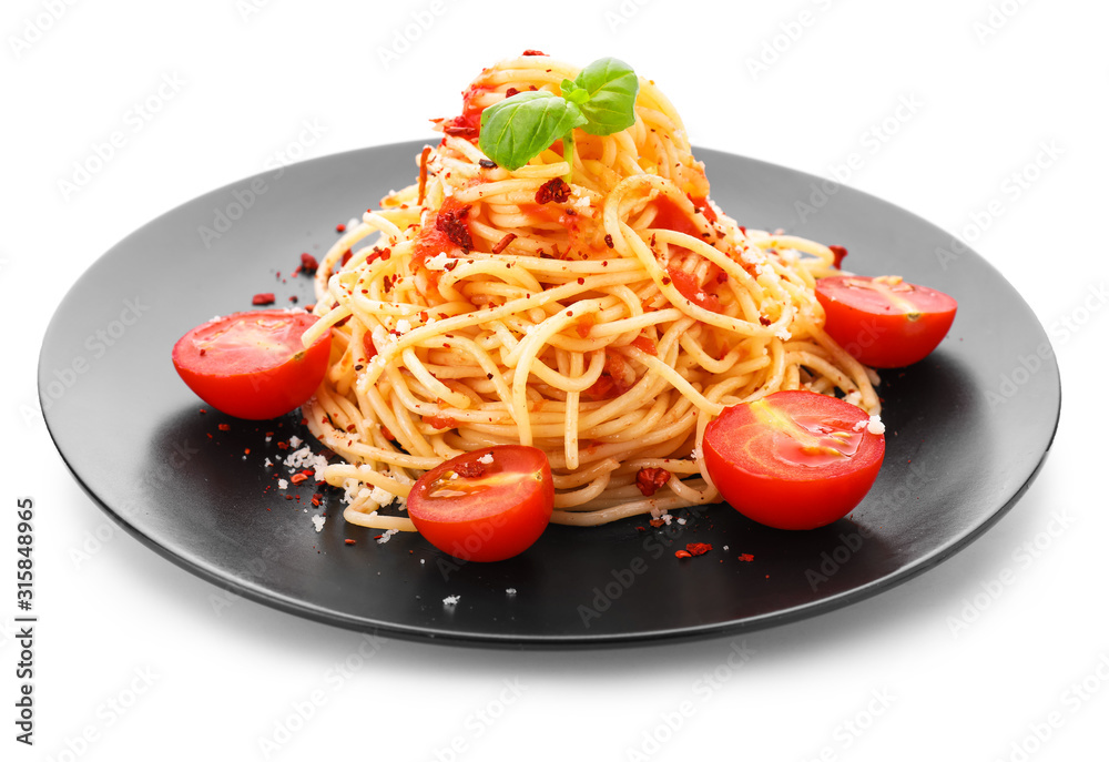 Plate with tasty pasta and tomato sauce on white background