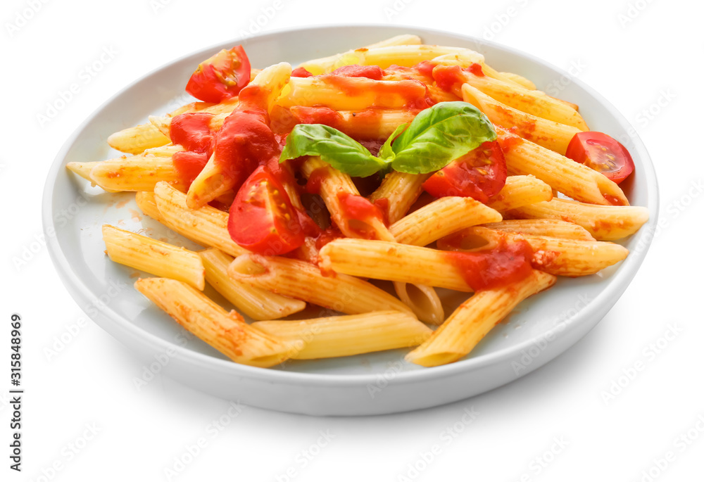 Plate with tasty pasta and tomato sauce on white background