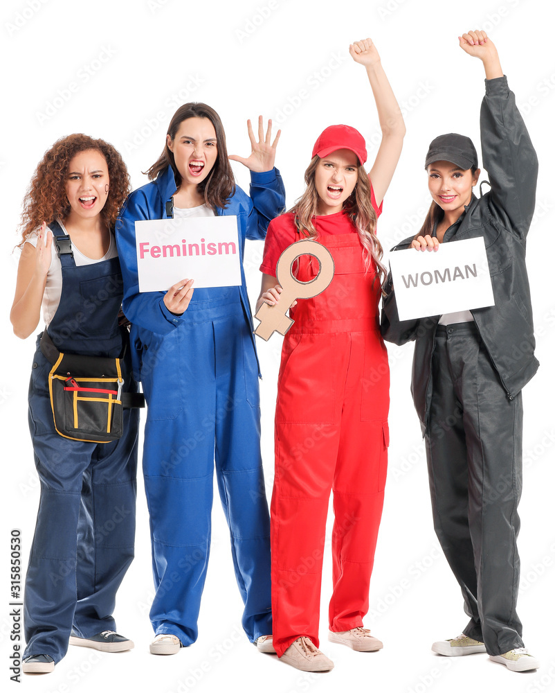 Female workers on white background. Concept of feminism