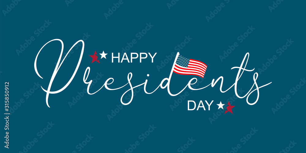 Happy Presidents Day greeting card, sale flyer, banner, poster with american flag with stars and ribbon.  Presidents day holiday in USA.  Patriotic calligraphy on blue background. Vector illustration - obrazy, fototapety, plakaty 