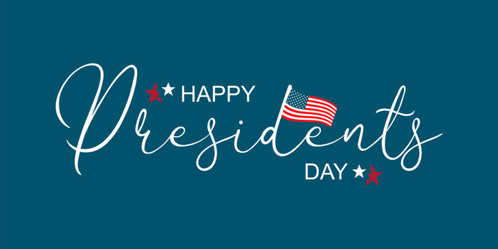 Wall Mural - Happy Presidents Day greeting card, sale flyer, banner, poster with american flag with stars and ribbon.  Presidents day holiday in USA.  Patriotic calligraphy on blue background. Vector illustration