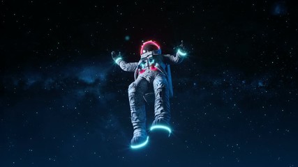 astronaut with neon lights flies into infinite space. space background. seamless loop
