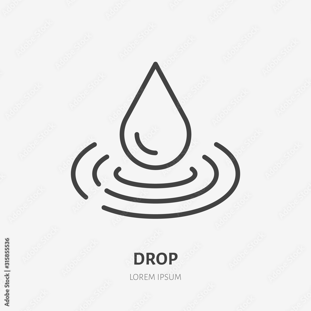 Water drop line icon, vector pictogram of raindrop and waves. Pure aqua illustration, sign for liquid packaging, moisturizing cream - obrazy, fototapety, plakaty 