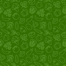 Food Background, Vegetables Seamless Pattern. Healthy Eating - Tomato, Garlic, Carrot, Pepper, Broccoli, Cucumber Line Icons. Vegetarian, Farm Grocery Store Vector Illustration, Green Color