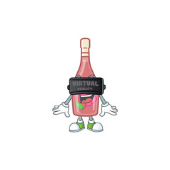 Wall Mural - Trendy pink bottle wine character wearing Virtual reality headset