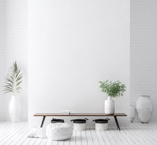 Wall Mock Up In White Simple Interior With Wooden Furniture, Scandi-Boho Style, 3d Render