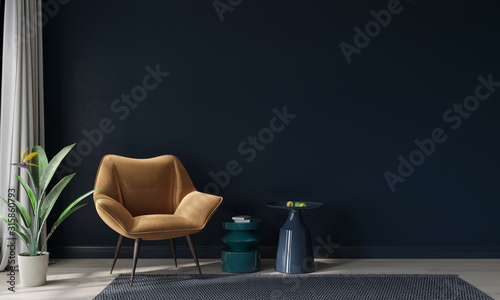 Cuadros en Lienzo Mustard armchair and colored tables against a dark blue wall