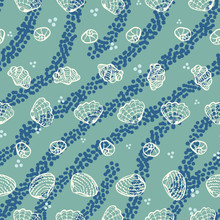 A Seamless Vector Pattern With White Sea Shells And Blue Stripes On A Aqua Green Background. MArine Themed Surface Print Design.
