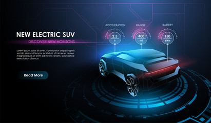 Futuristic automotive technology. Electric car at charging station from lines, mesh and low poly style design. Automotive template for your web, print, marketing advertising.